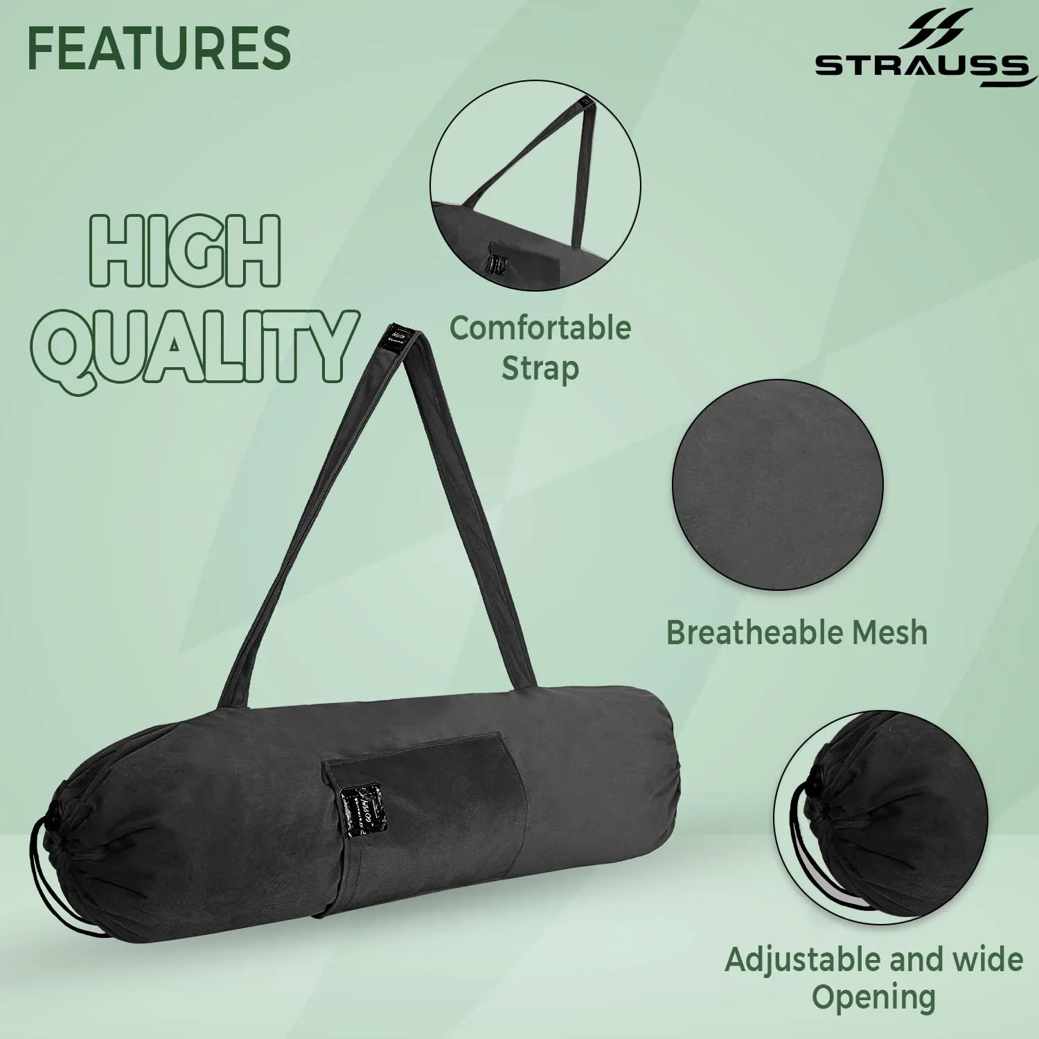 STRAUSS Velvet Yoga Mat Bag with Shoulder Strap | Washable & Durable Yoga Mat Cover Bag | Travel, Yoga & Gym Shoulder Bag | Along with Side Pocket | Ideal for Men & Women, (Black)