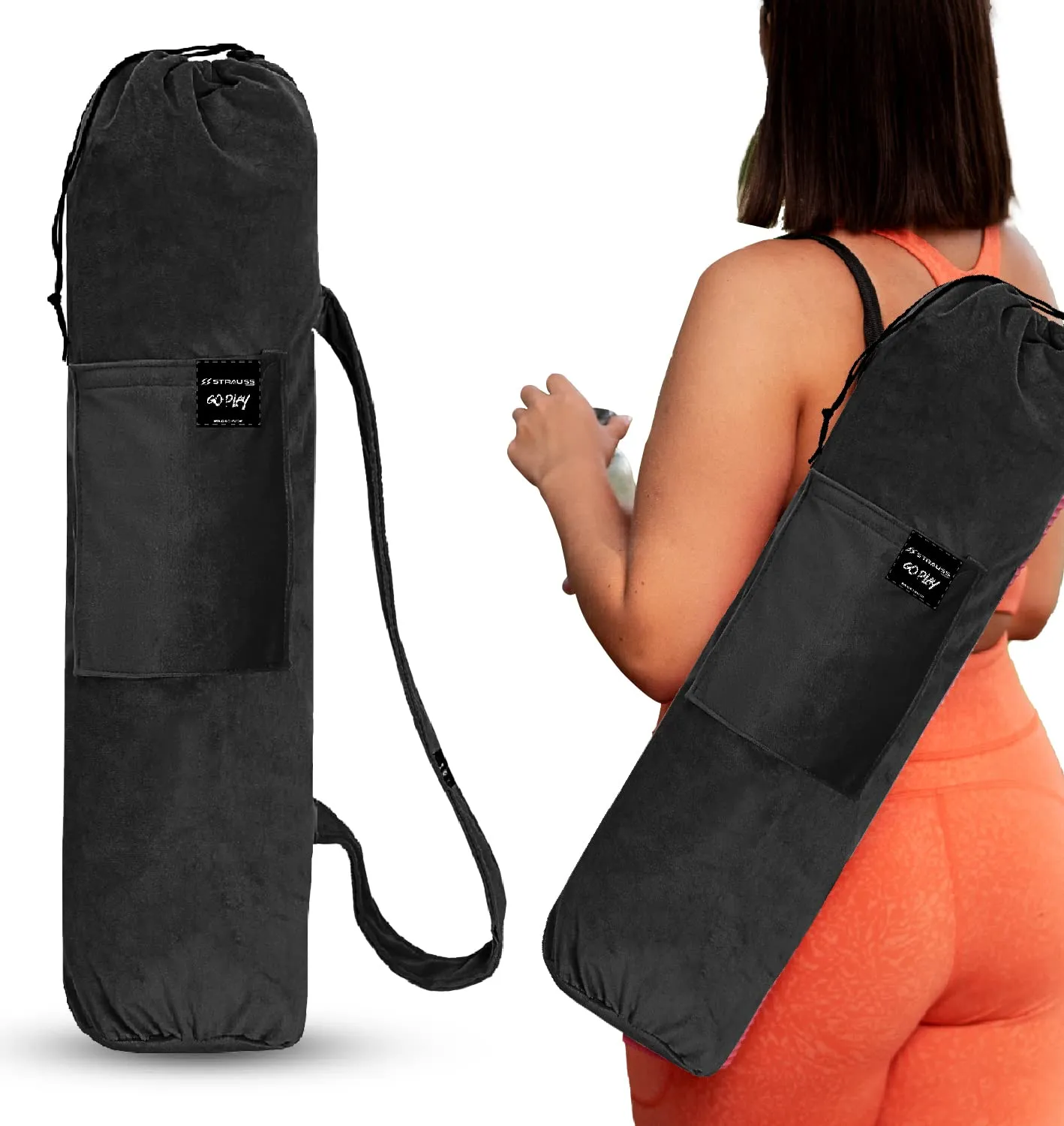 STRAUSS Velvet Yoga Mat Bag with Shoulder Strap | Washable & Durable Yoga Mat Cover Bag | Travel, Yoga & Gym Shoulder Bag | Along with Side Pocket | Ideal for Men & Women, (Black)