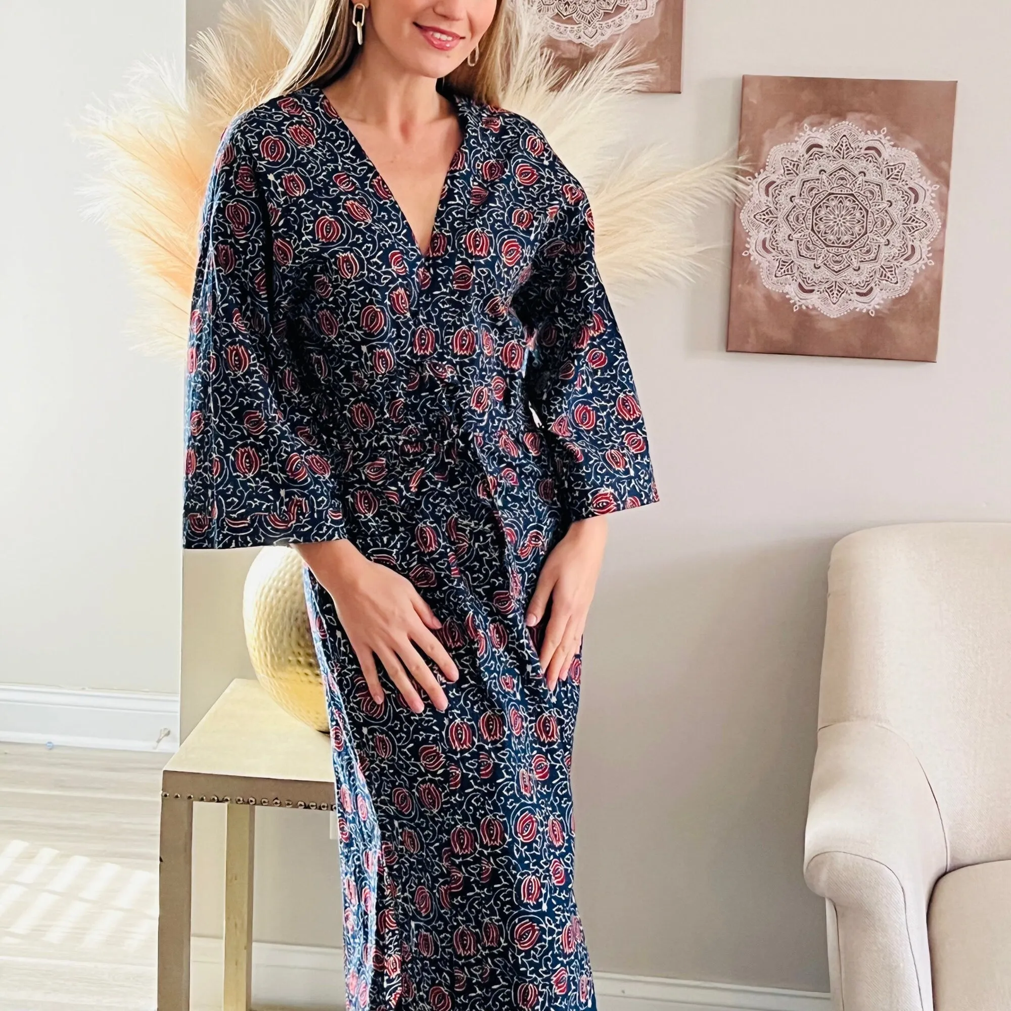 Stylish Cotton Robe for Women, Beach Kimono for Women in Block Print, Kimono Swimsuit Cover Up for Women, Gift for Women